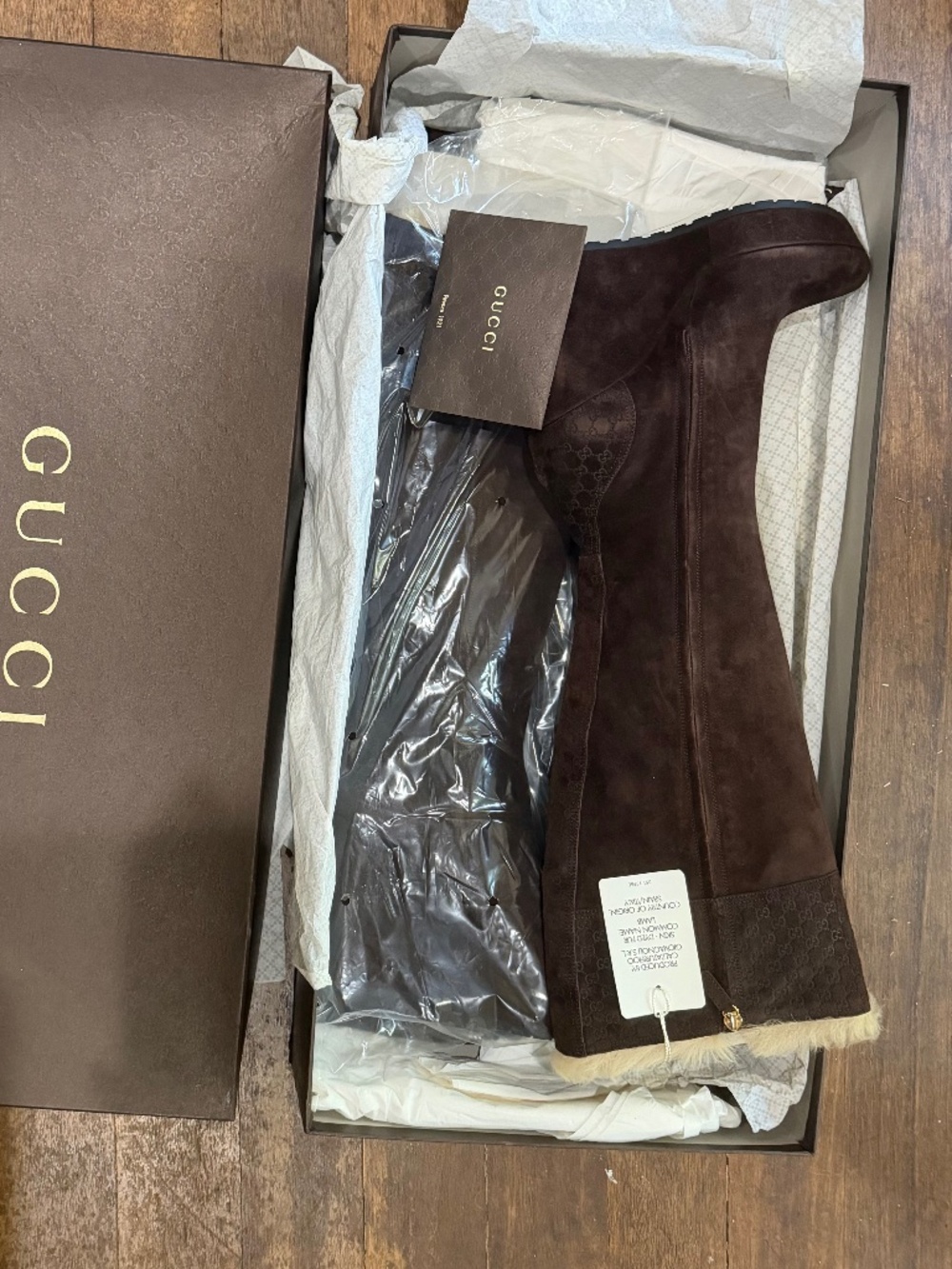 Gucci Courtney Microguccissima Suede Shearling Tall Wedge Boots.
